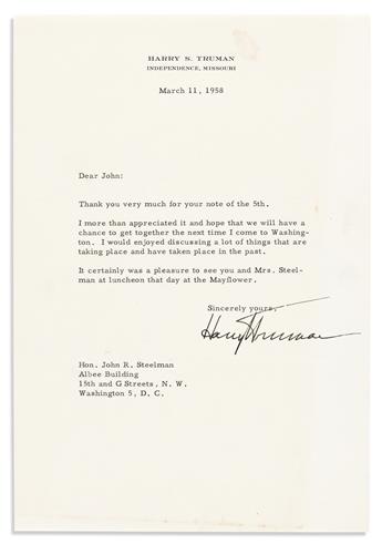 TRUMAN, HARRY S. Archive of 19 Typed Letter Signed, HarrySTruman or H.S.T., to his former Chief of Staff John Roy Steelman,